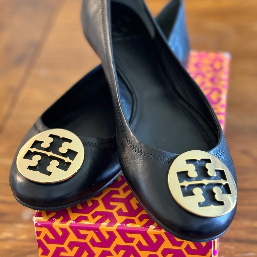 Tory Burch Black Ballet Flats with Gold Logo